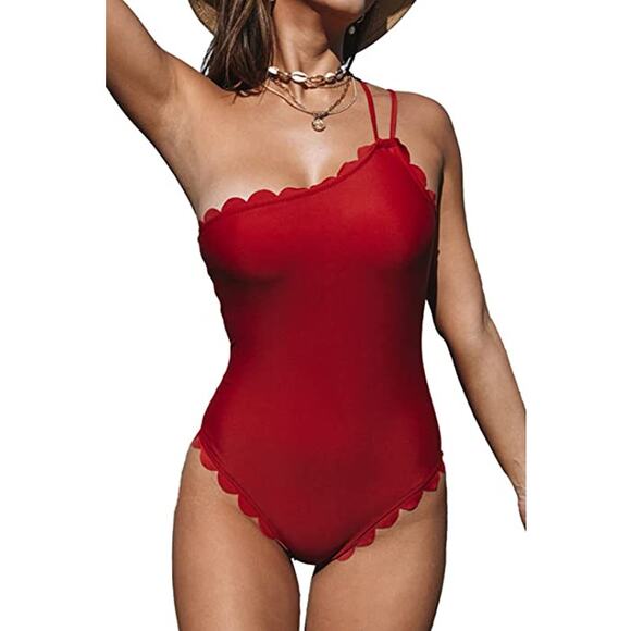 BEACHSISSI *NWOT* One Piece Swimsuit Bathing Size M Lace Up Ruffle Wine Red - Picture 1 of 14